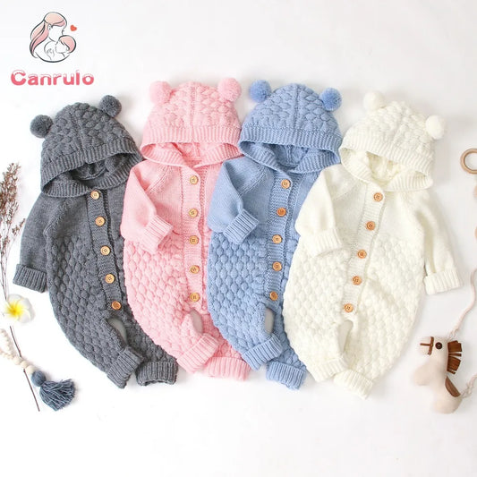 Cozy Knit Hooded Romper – Bear Ear Winter Jumpsuit (0–12M) - Nestling Babies 