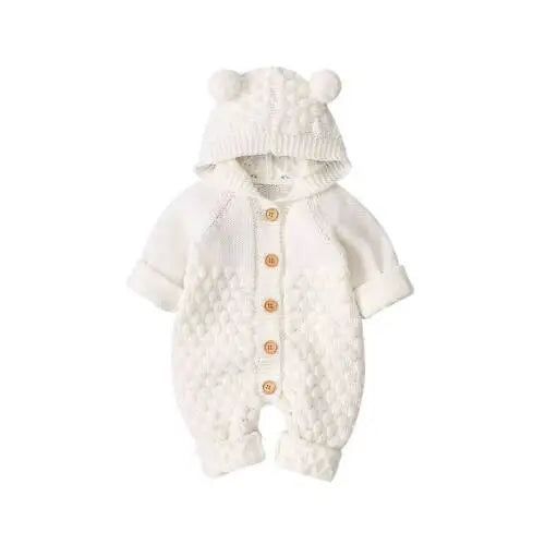 Cozy Knit Hooded Romper – Bear Ear Winter Jumpsuit (0–12M) - Nestling Babies 