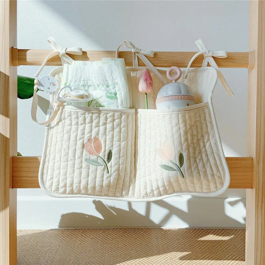 Bedside Hanging Diaper Organizer – Cotton Crib & Stroller Storage Caddy for Newborn Essentials - Nestling Babies 