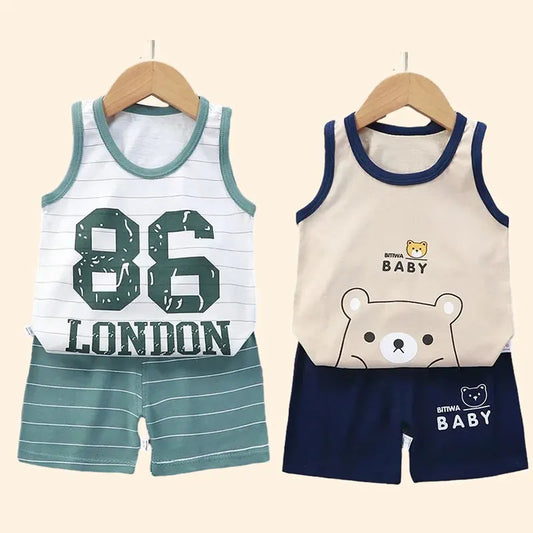 Summer Cotton Vest & Shorts Set for Toddlers – Lightweight Cartoon Outfit (1–3Y) - Nestling Babies 