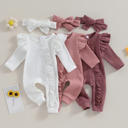 Baby Girl Ruffle Zip Romper with Headband – Cozy Fall/Winter Set - Nestling Babies 