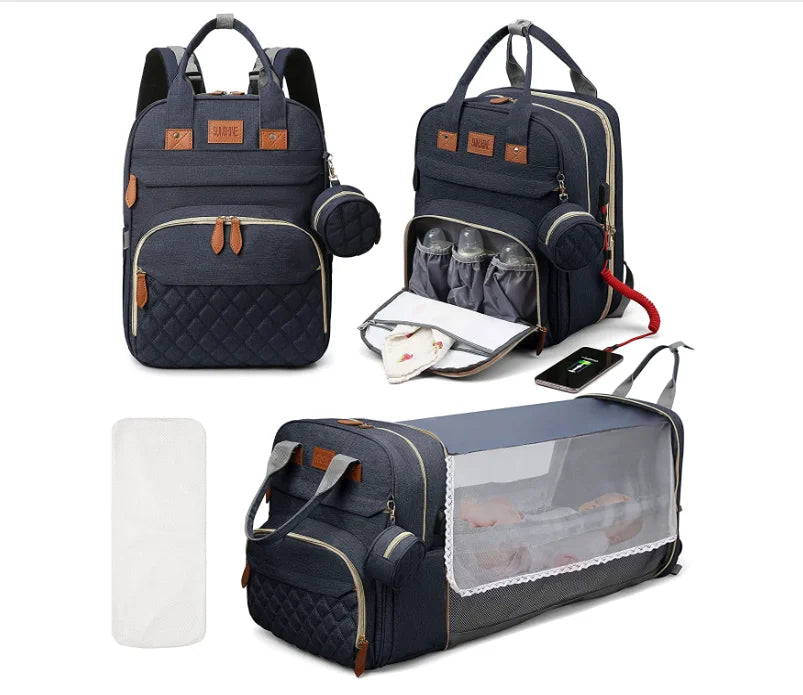 3-in-1 Diaper Bag Backpack – Foldable Baby Bed with USB & Waterproof Storage - Nestling Babies 
