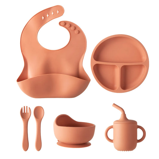 6-Piece Silicone Baby Feeding Set – Suction Plate, Bowl, Cup, Bib & Utensils - Nestling Babies 