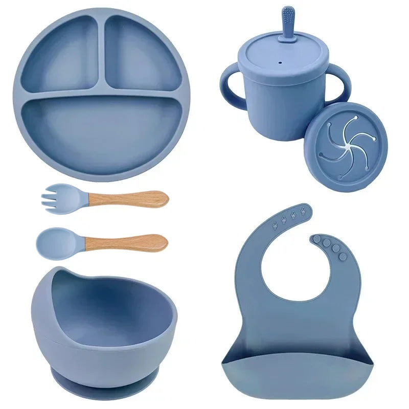Baby Silicone Feeding Set – Suction Plate, Bowl, Straw Cup, Wooden Spoon & Fork | BPA-Free Tableware - Nestling Babies 