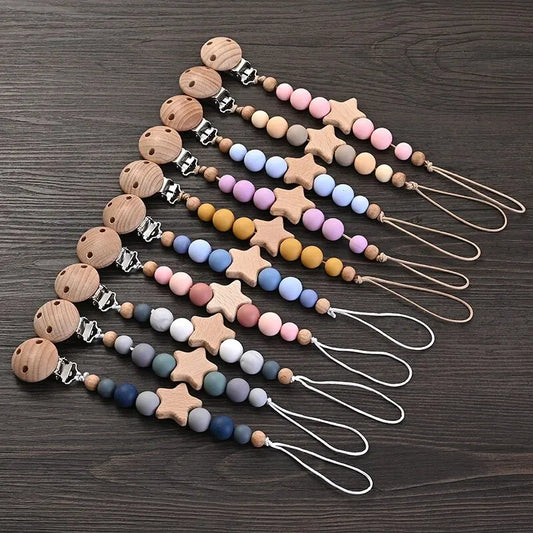 Wooden Star Pacifier Clip – Silicone Teething Beads Chain for Baby Soothers - Nestling Babies 