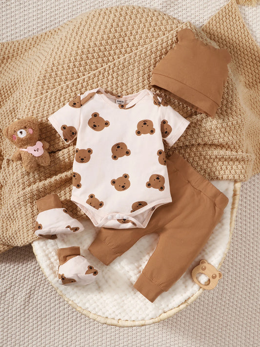4-Piece Bear Print Baby Outfit Set - Nestling Babies 