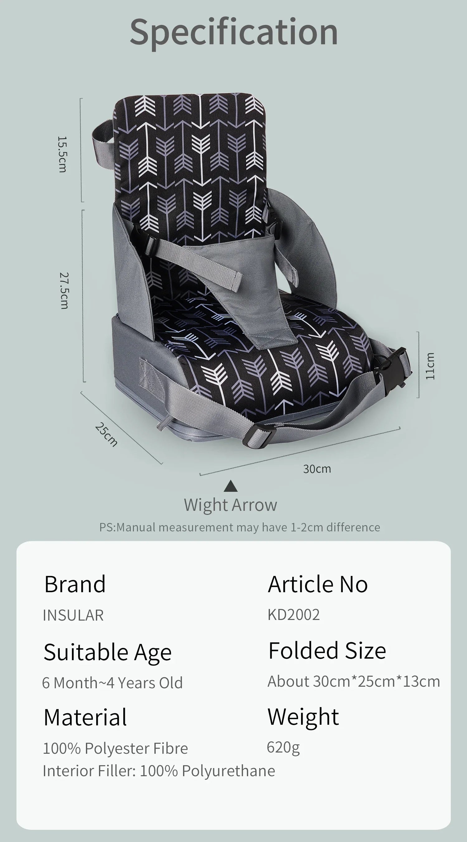 INSULAR Portable Foldable Booster Seat – Anti-Slip High Cushion for Baby & Toddler Dining Chairs - Nestling Babies 
