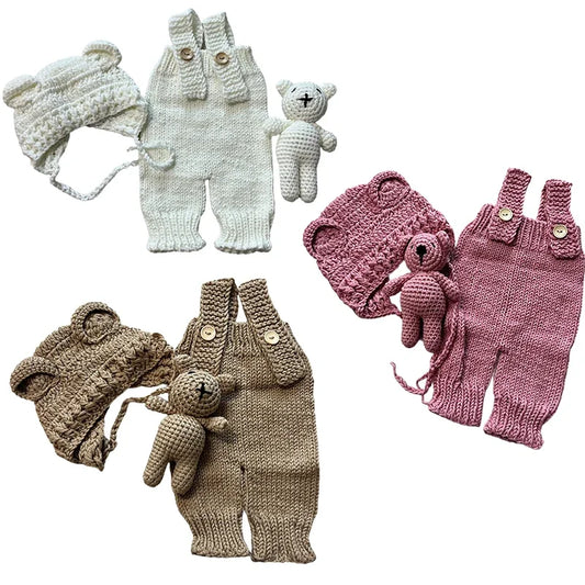 3-Piece Hand-Knitted Newborn Photoshoot Set – Romper, Bear Hat & Plush Toy - Nestling Babies 