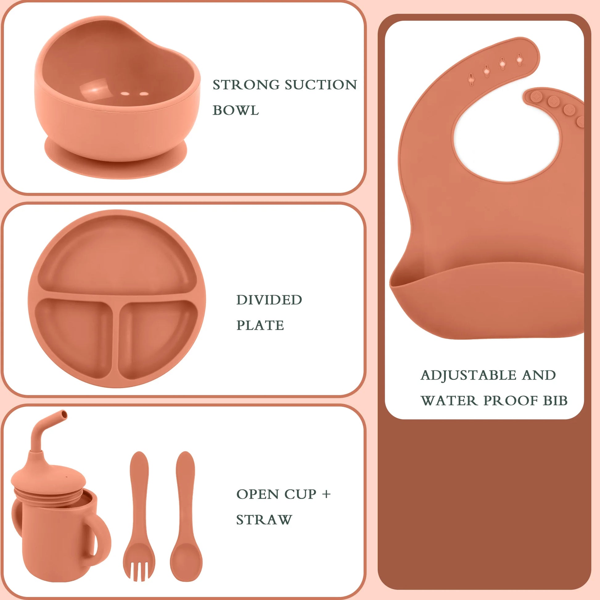 6-Piece Silicone Baby Feeding Set – Suction Plate, Bowl, Cup, Bib & Utensils - Nestling Babies 
