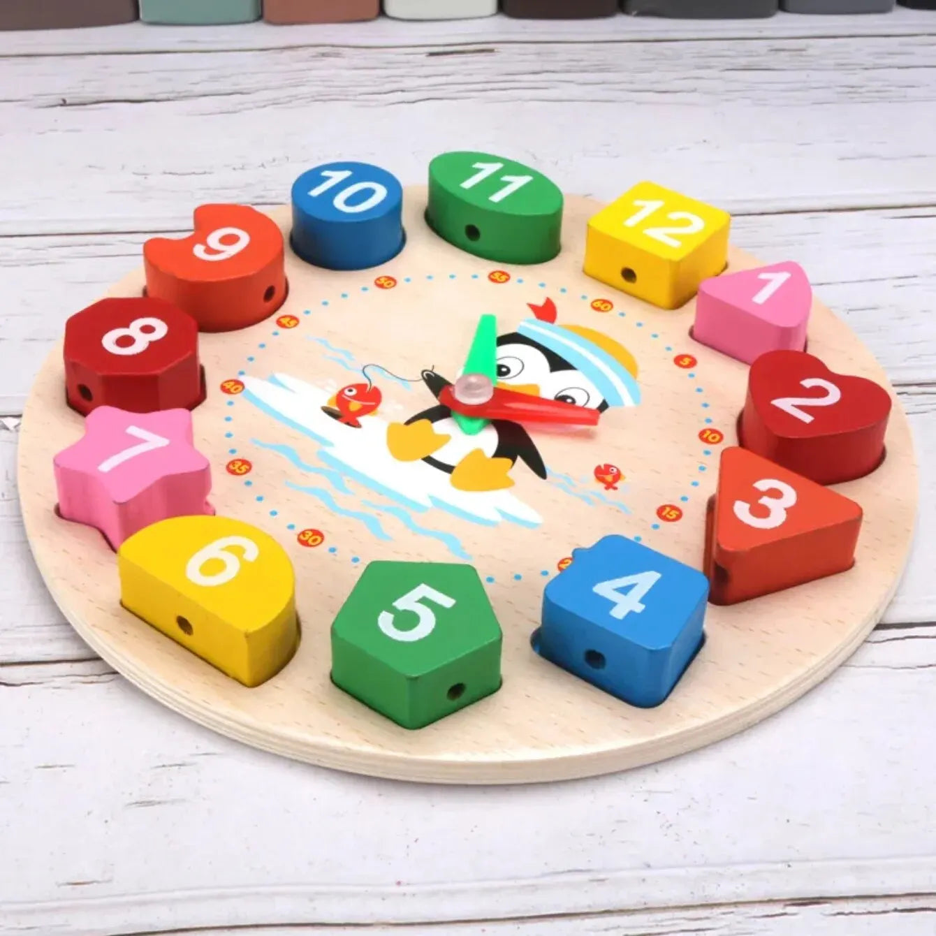 Montessori Wooden Clock Puzzle – Educational Tangram Toy with Numbers, Animals & Threading Rope - Nestling Babies 