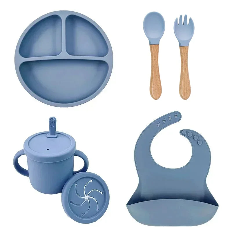 Baby Silicone Feeding Set – Suction Plate, Bowl, Straw Cup, Wooden Spoon & Fork | BPA-Free Tableware - Nestling Babies 