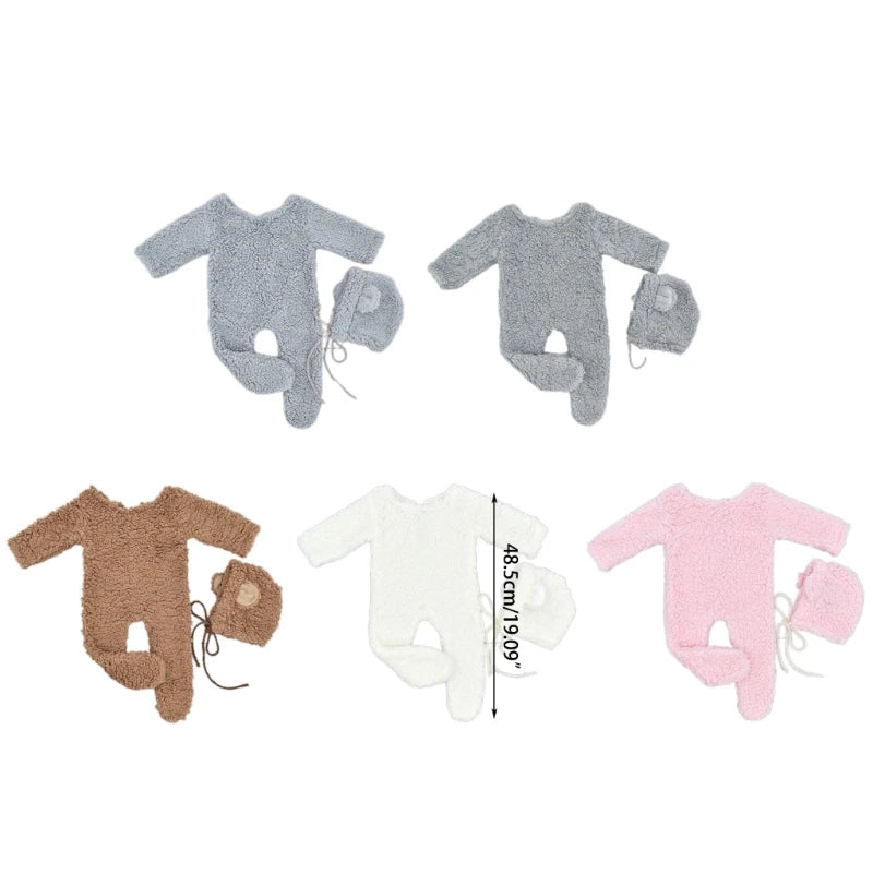 Newborn Bear-Themed Photoshoot Set – Fleece Romper + Hat (2PCS) - Nestling Babies 