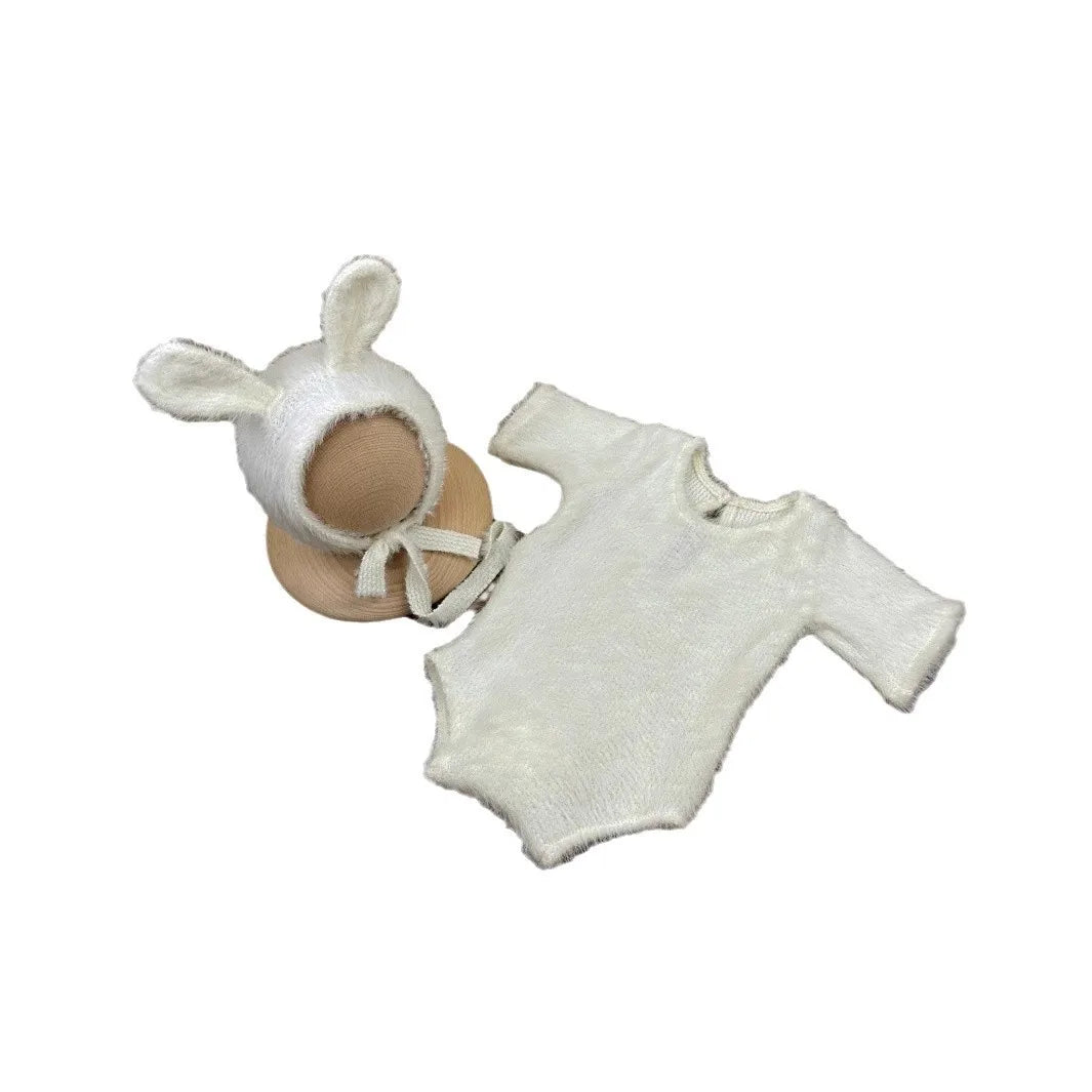 Newborn Bunny-Themed Knitted Photography Set – Adorable Cosplay with Doll & Glasses - Nestling Babies 