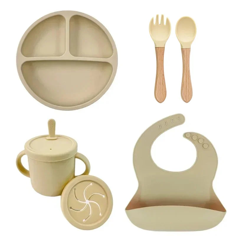 Baby Silicone Feeding Set – Suction Plate, Bowl, Straw Cup, Wooden Spoon & Fork | BPA-Free Tableware - Nestling Babies 