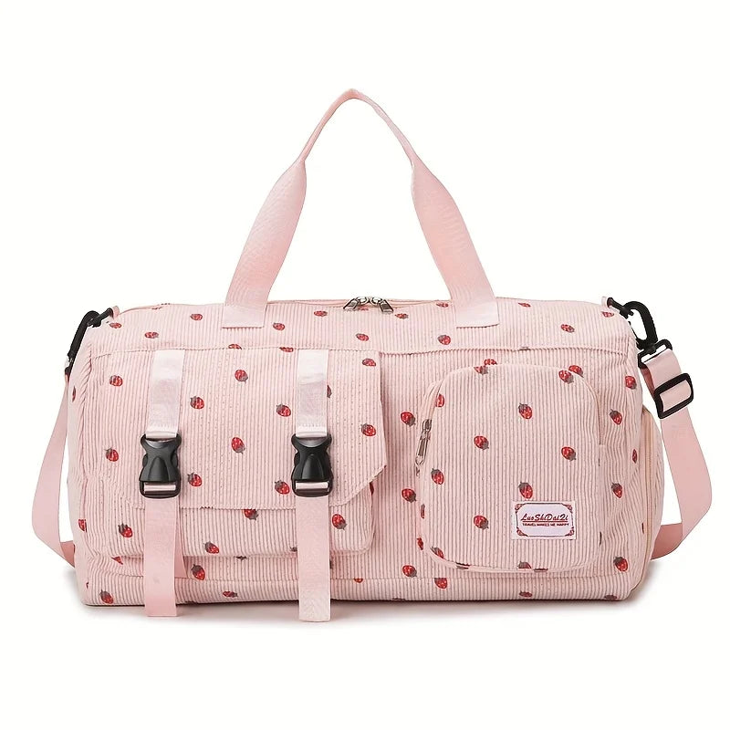 Strawberry Print Large Travel Duffel Bag – Wet/Dry Separation & Shoe Compartment - Nestling Babies 