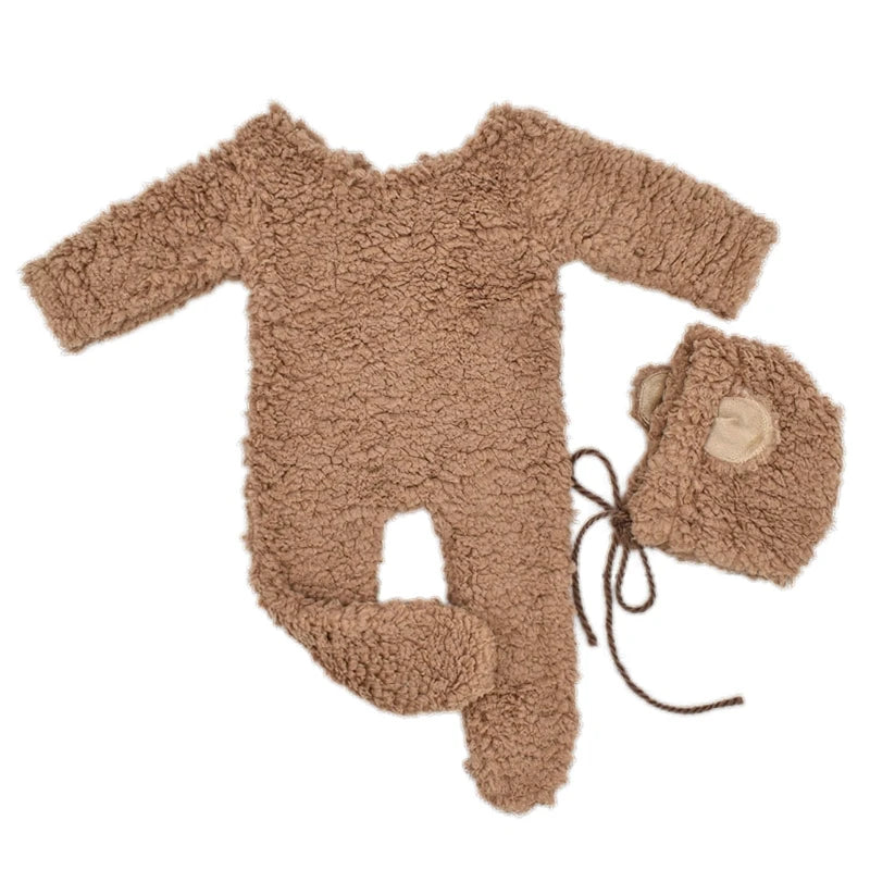 Newborn Bear-Themed Photoshoot Set – Fleece Romper + Hat (2PCS) - Nestling Babies 