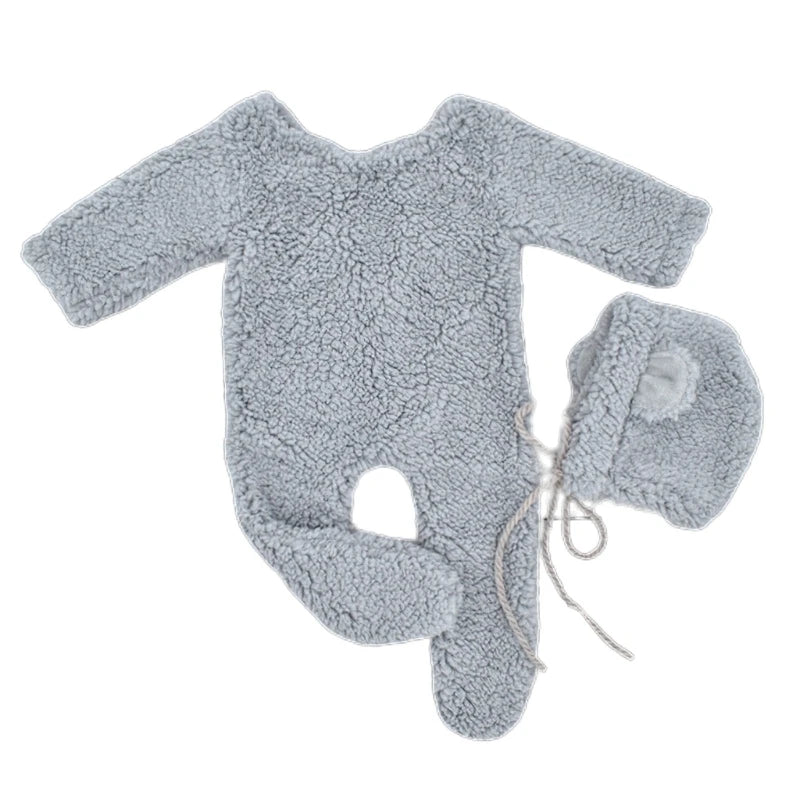 Newborn Bear-Themed Photoshoot Set – Fleece Romper + Hat (2PCS) - Nestling Babies 