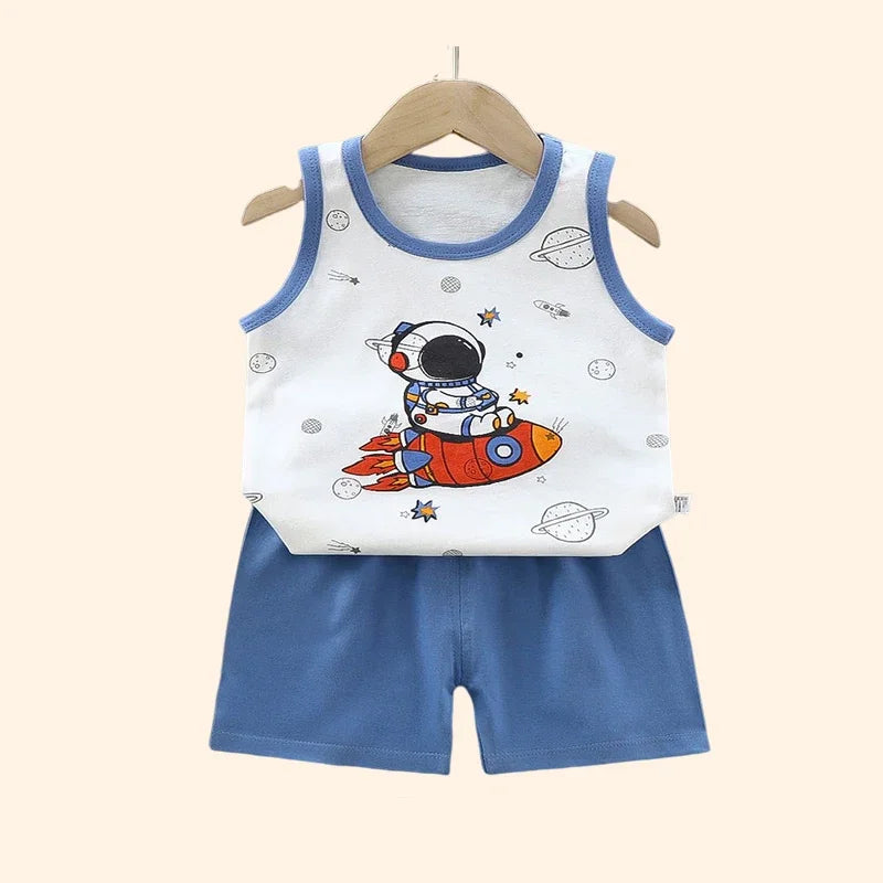 Summer Cotton Vest & Shorts Set for Toddlers – Lightweight Cartoon Outfit (1–3Y) - Nestling Babies 