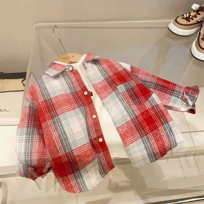 Kids Plaid Long Sleeve Shirt – Retro Button-Up Blouse for Boys & Girls - Nestling Babies 