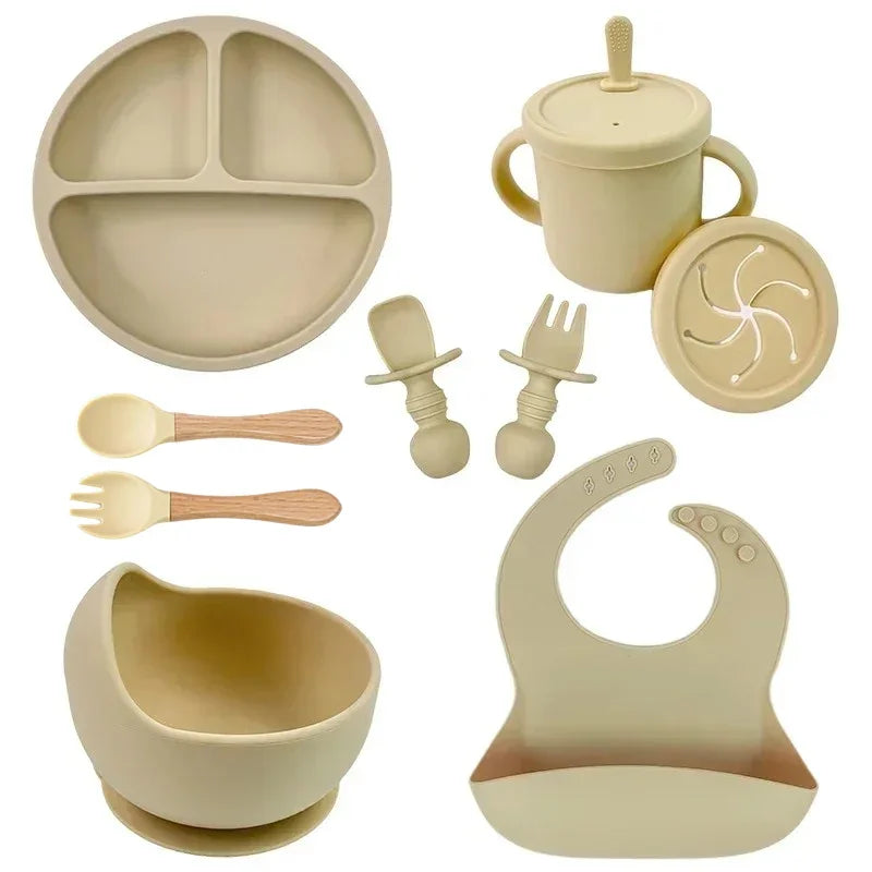 Baby Silicone Feeding Set – Suction Plate, Bowl, Straw Cup, Wooden Spoon & Fork | BPA-Free Tableware - Nestling Babies 