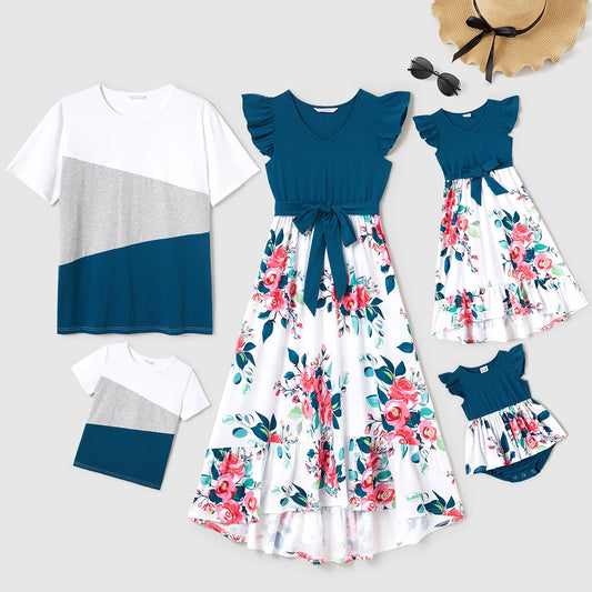 PatPat Family Matching Outfits – V-Neck Floral Dresses & Colorblock T-Shirts - Nestling Babies 