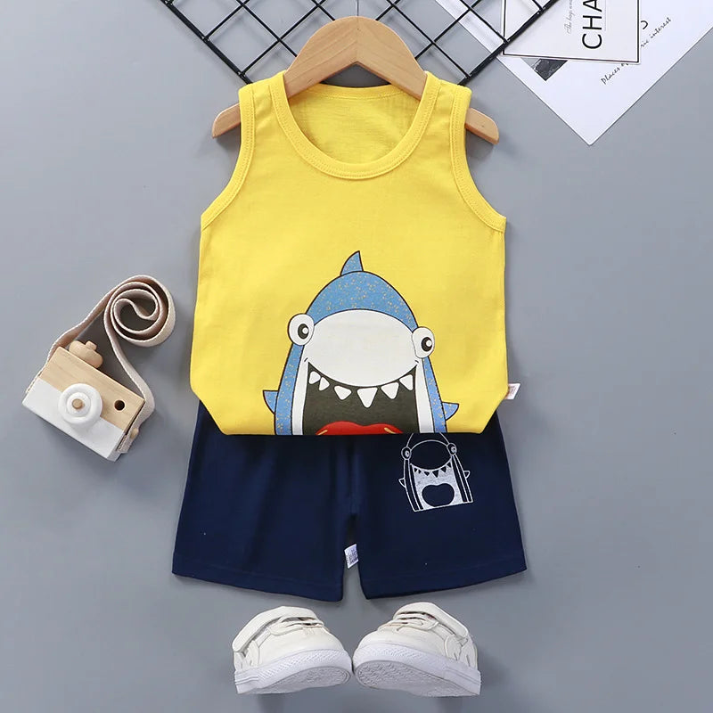 Summer Cotton Vest & Shorts Set for Toddlers – Lightweight Cartoon Outfit (1–3Y) - Nestling Babies 