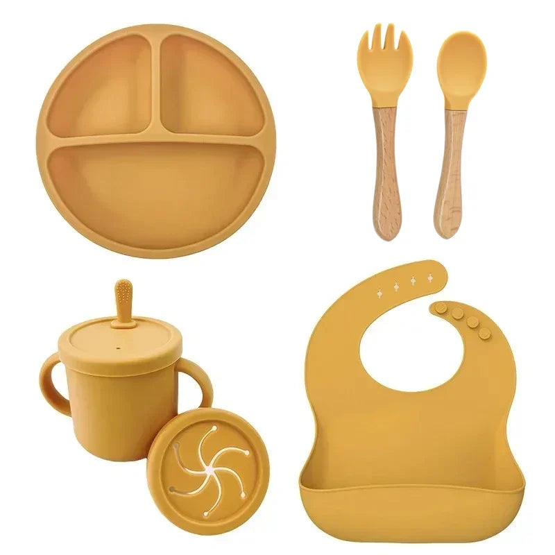 Baby Silicone Feeding Set – Suction Plate, Bowl, Straw Cup, Wooden Spoon & Fork | BPA-Free Tableware - Nestling Babies 