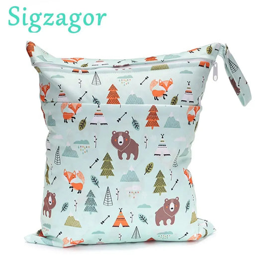 [Sigzagor] Reusable Wet Dry Bag – Waterproof Diaper Organizer with Dual Zippers & Animal Prints - Nestling Babies 
