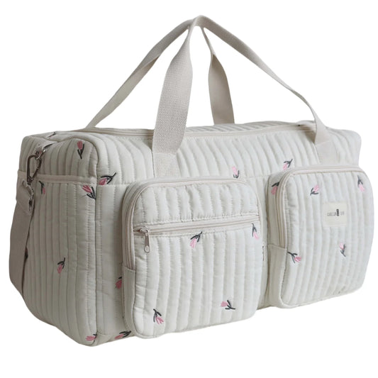 Embroidered Bear & Floral Mommy Diaper Bag – Cotton Zipper Tote for Baby Essentials - Nestling Babies 