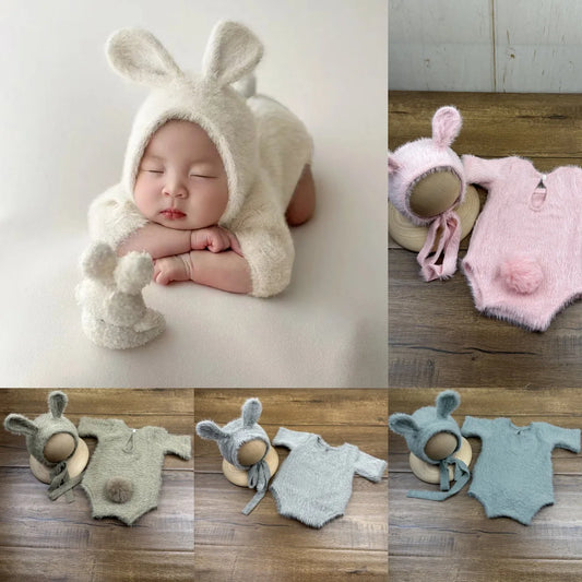 Newborn Bunny-Themed Knitted Photography Set – Adorable Cosplay with Doll & Glasses - Nestling Babies 