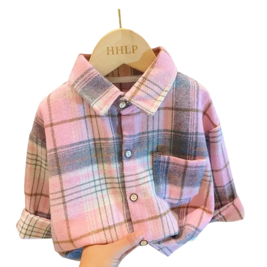 Kids Plaid Long Sleeve Shirt – Retro Button-Up Blouse for Boys & Girls - Nestling Babies 