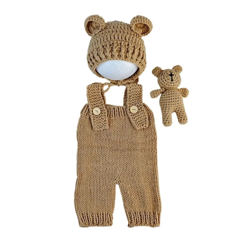 3-Piece Hand-Knitted Newborn Photoshoot Set – Romper, Bear Hat & Plush Toy - Nestling Babies 