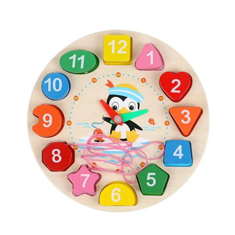 Montessori Wooden Clock Puzzle – Educational Tangram Toy with Numbers, Animals & Threading Rope - Nestling Babies 
