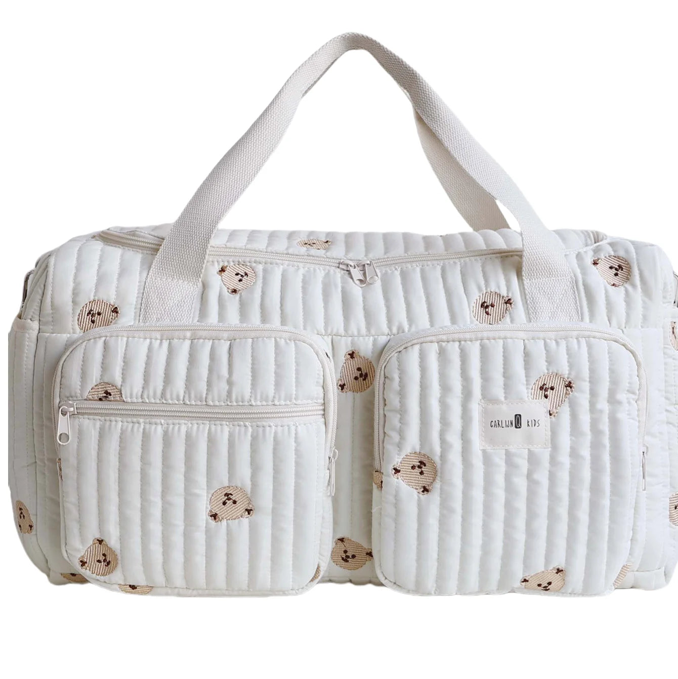 Embroidered Bear & Floral Mommy Diaper Bag – Cotton Zipper Tote for Baby Essentials - Nestling Babies 
