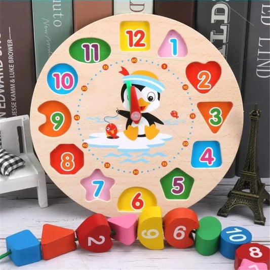 Montessori Wooden Clock Puzzle – Educational Tangram Toy with Numbers, Animals & Threading Rope - Nestling Babies 