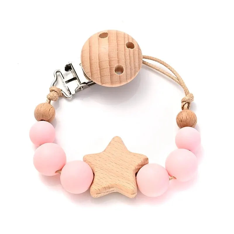 Wooden Star Pacifier Clip – Silicone Teething Beads Chain for Baby Soothers - Nestling Babies 