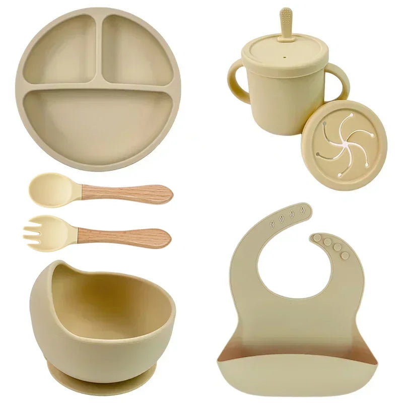 Baby Silicone Feeding Set – Suction Plate, Bowl, Straw Cup, Wooden Spoon & Fork | BPA-Free Tableware - Nestling Babies 