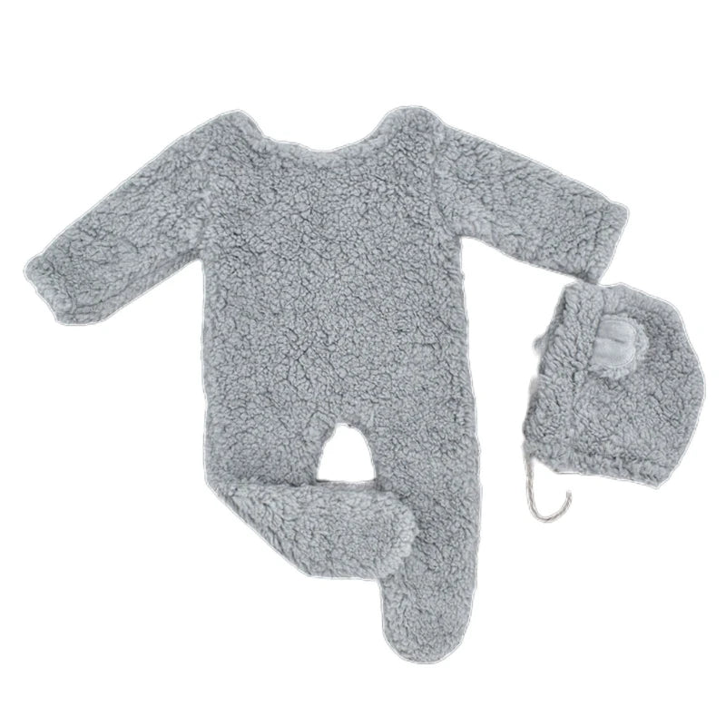 Newborn Bear-Themed Photoshoot Set – Fleece Romper + Hat (2PCS) - Nestling Babies 