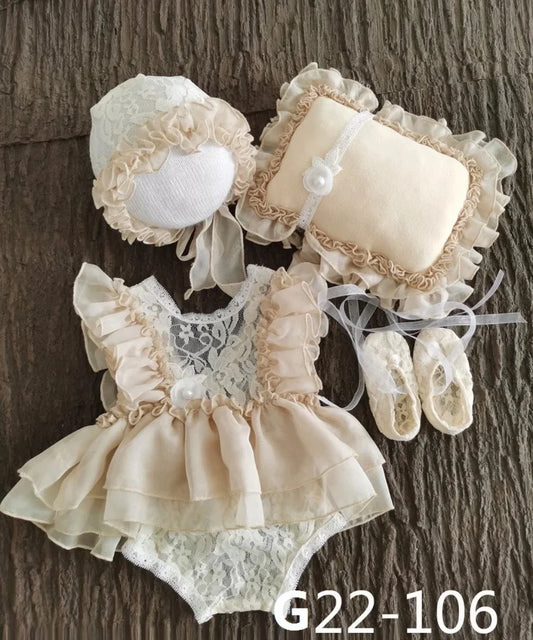 Lace Newborn Photoshoot Outfit – Dress, Hat & Headband Set (0–1M) - Nestling Babies 