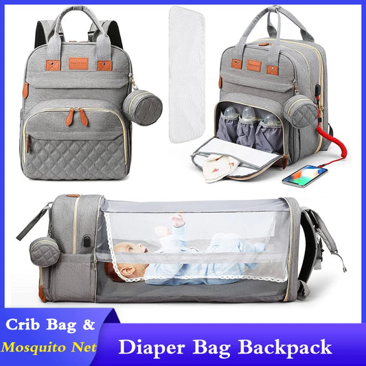 3-in-1 Diaper Bag Backpack – Foldable Baby Bed with USB & Waterproof Storage - Nestling Babies 