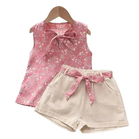 Summer Sleeveless Set for Girls – Printed Vest & Shorts Outfit (12M–4T) - Nestling Babies 