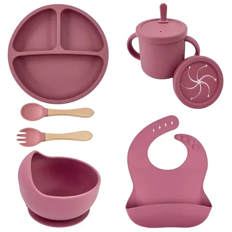 Baby Silicone Feeding Set – Suction Plate, Bowl, Straw Cup, Wooden Spoon & Fork | BPA-Free Tableware - Nestling Babies 