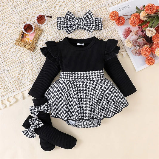 Houndstooth Elegance – 3-Piece Baby Girl Romper Dress Set - Nestling Babies 