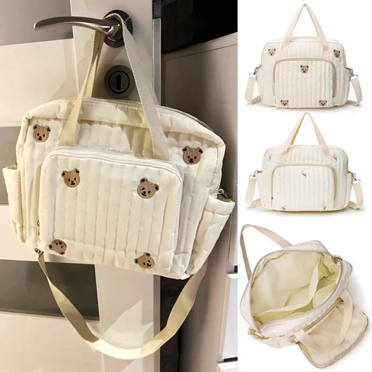 Cute Bear Embroidery Baby Diaper Bag – Beige Cotton Mommy Handbag with Zipper Closure - Nestling Babies 