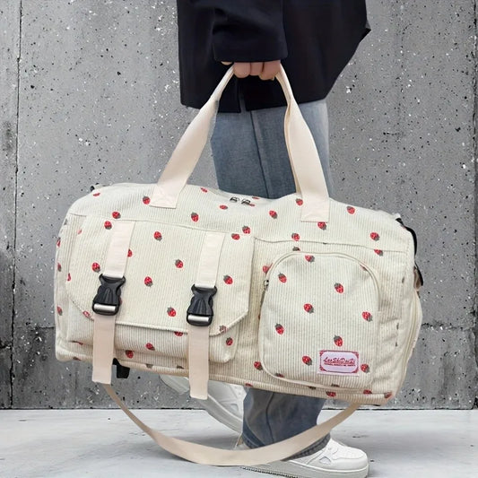 Strawberry Print Large Travel Duffel Bag – Wet/Dry Separation & Shoe Compartment - Nestling Babies 