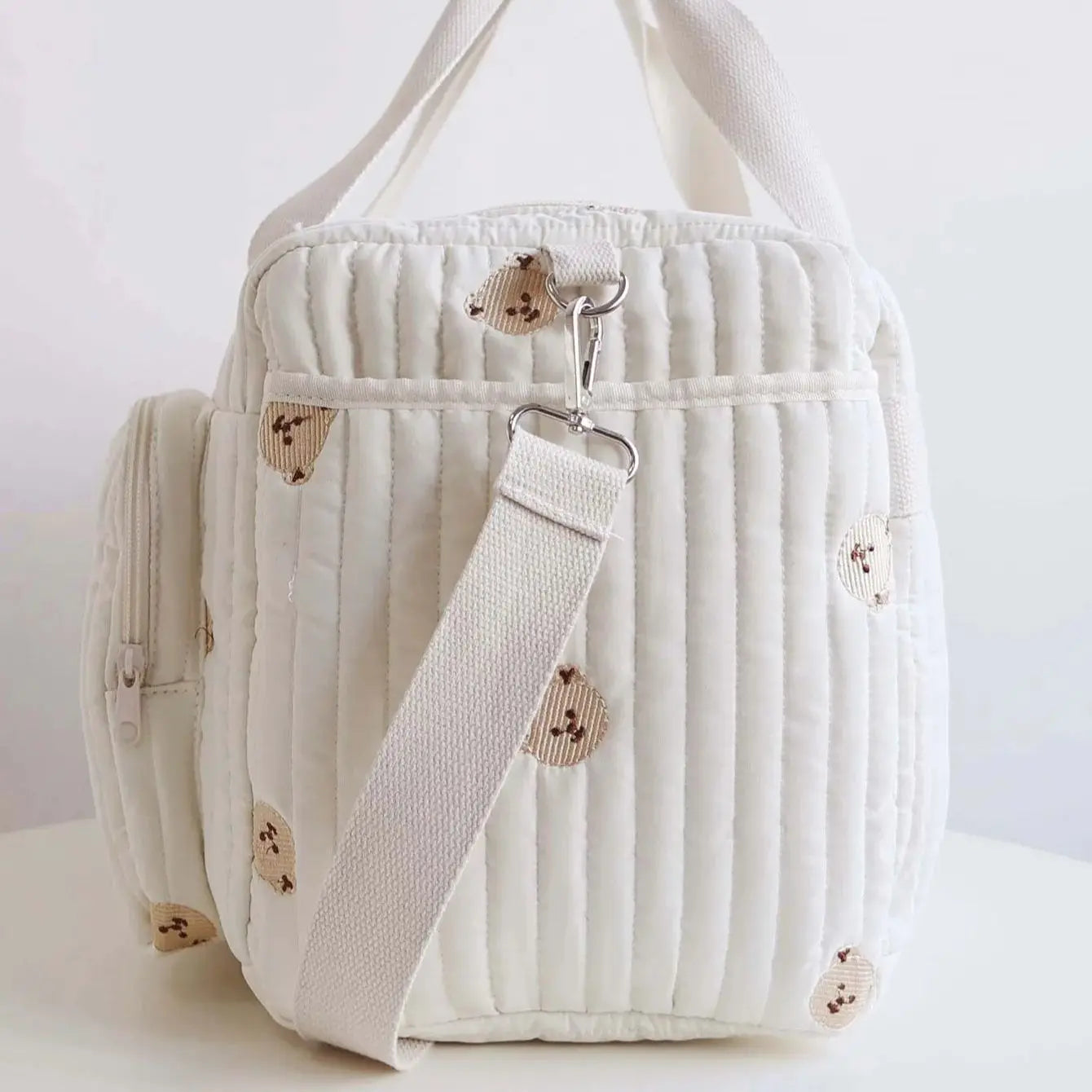 Embroidered Bear & Floral Mommy Diaper Bag – Cotton Zipper Tote for Baby Essentials - Nestling Babies 